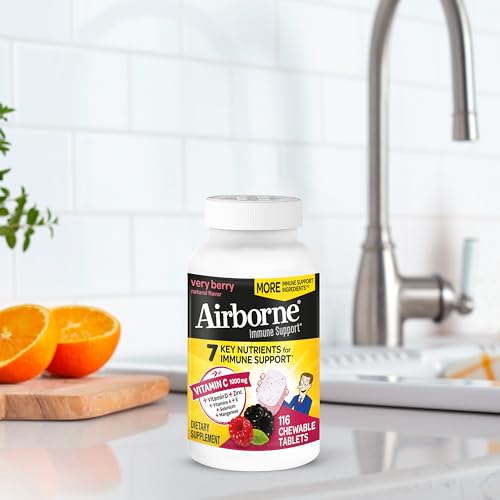 Airborne 1000mg Vitamin C with Vitamin D & Zinc, Multivitamin Immune Support Supplement, Antioxidants Vitamins A C & Vitamin E, 116 Chewable Tablets, Very Berry Flavor