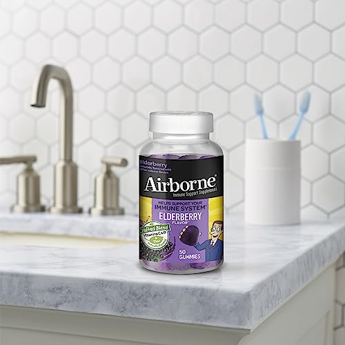 Airborne Elderberry + Zinc & Vitamin C Gummies For Adults, Immune Support Vitamin D & Zinc Gummies With Powerful Antioxidant Vitamins C D & E - 50 Gummies, Elderberry Flavor