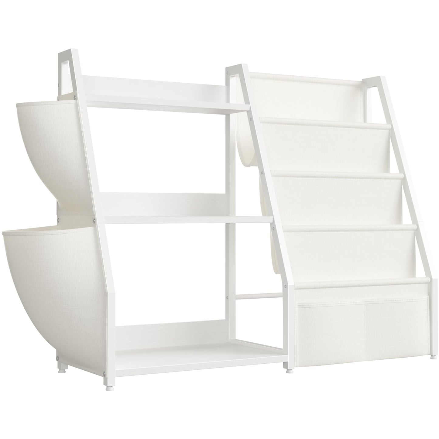 MEUIS Kids Bookshelf and Toy Storage - Toy Organizer with Book Shelf 3 Tier Floor Small Sling Bookcase Bedroom Nursery Kids Room Playroom, White