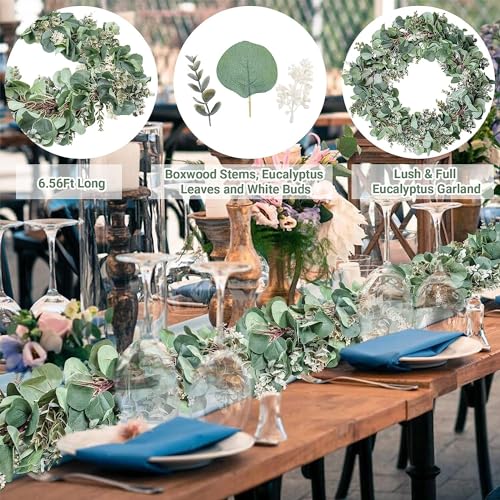 Ouddy Decor 2 Pack Eucalyptus Garland Total 13.1 Ft Lush Silver Dollar Leaves Boxwood with White Buds Artificial Faux Greenery Vines for Baby Shower Wedding Party Table Runner Room Home Mantle Decor