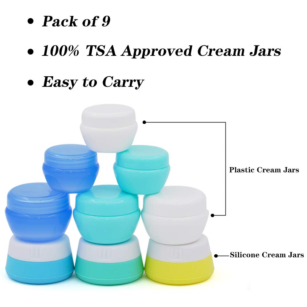 Cosywell Travel Containers Sets Silicone & PP Cream Jars for Toiletries Empty Lotion Leak-proof & TSA Approved Bottles Accessories with Hard Sealed Lids for Cosmetic Makeup Face Cream (9 Jars)