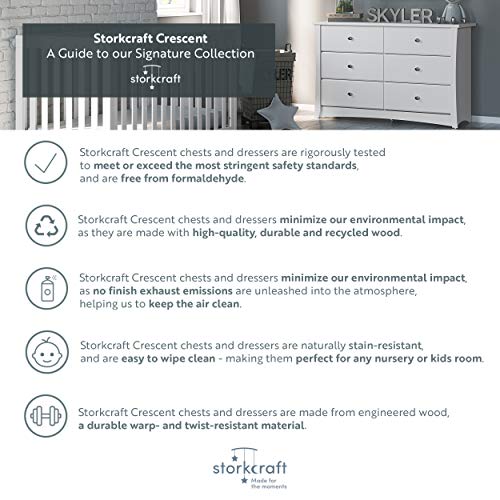 Storkcraft Crescent 6 Drawer Double Dresser (White) – GREENGUARD Gold Certified, Nursery Dresser for Kids Bedroom
