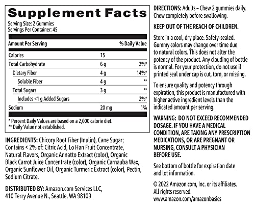 Amazon Basics (previously Solimo) Fiber 4g Gummy - Digestive Health, Supports Regularity, Orange, Lemon & Strawberry, 90 Gummies (2 per Serving)