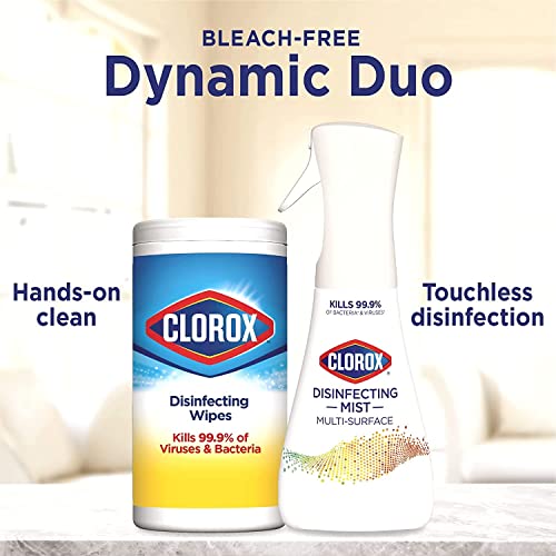 Clorox Cleaning Bundle Disinfecting Mist Lemon and Orange Blossom Scent (1 Spray Bottle & 1 Refill, 16 Fl Oz Each) Disinfecting Wipes (3-Pack, 75ct Each)