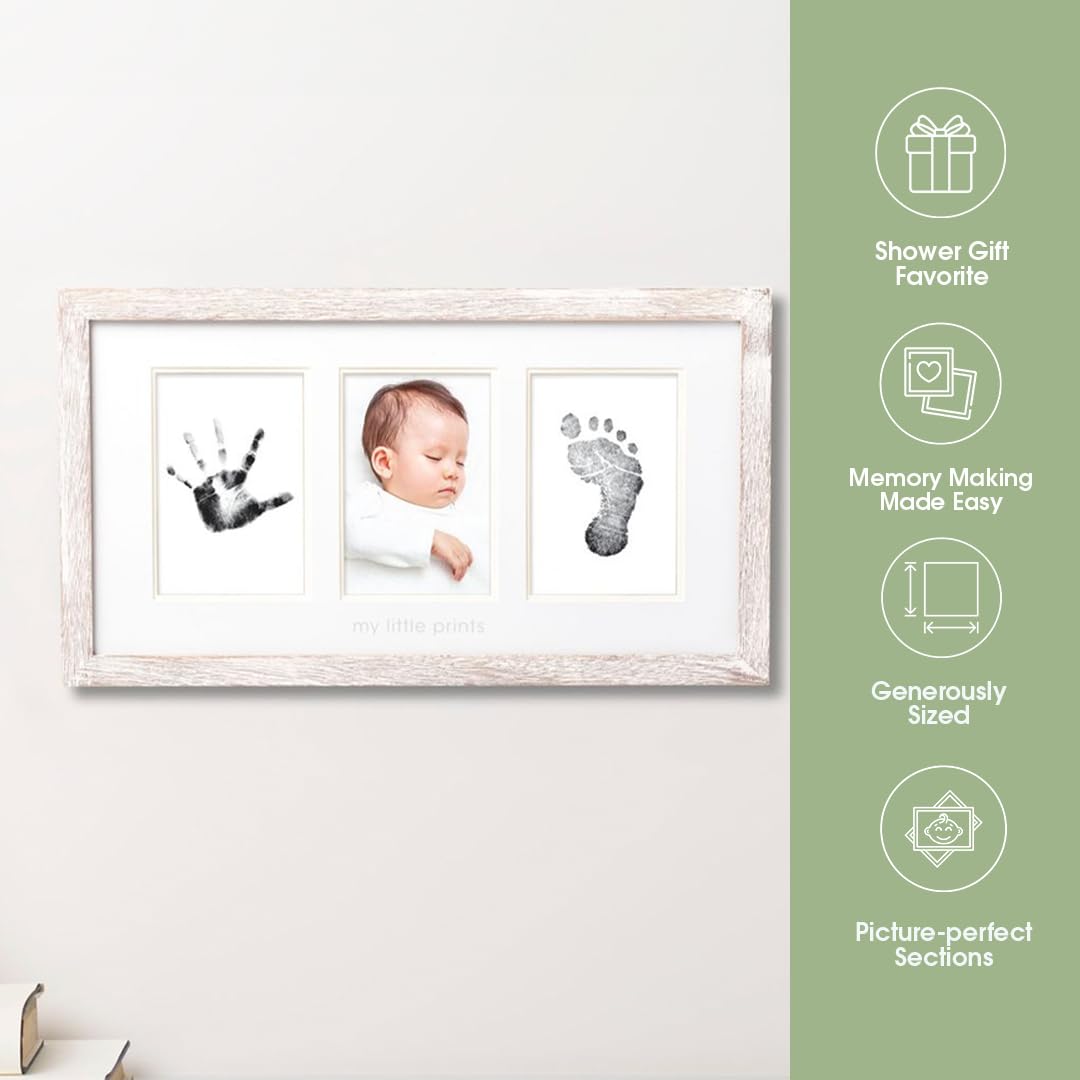 Pearhead My Little Prints Newborn Handprint & Footprint Frame Kit - No Mess Clean Touch Ink Pad, Gender-Neutral Keepsake, Ideal Shower Gift, Nursery Decor, Distressed Wood