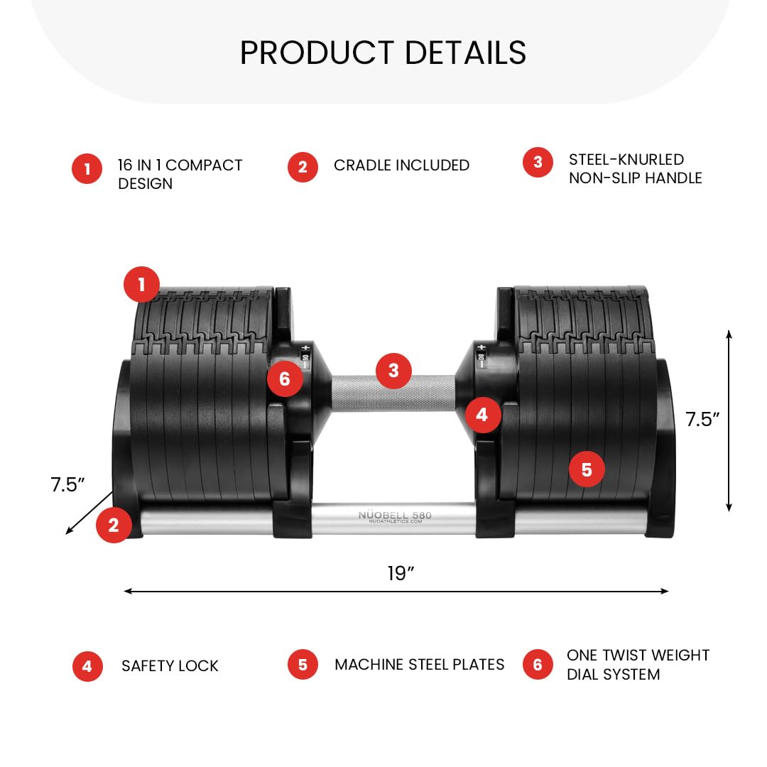 NÜOBELL Adjustable Dumbbell Pair 5-80 lbs: the Adjustable Dumbbells and Free Weights You've Always Wanted for Home Gym, Weight Benches and Dumbbell Exercise