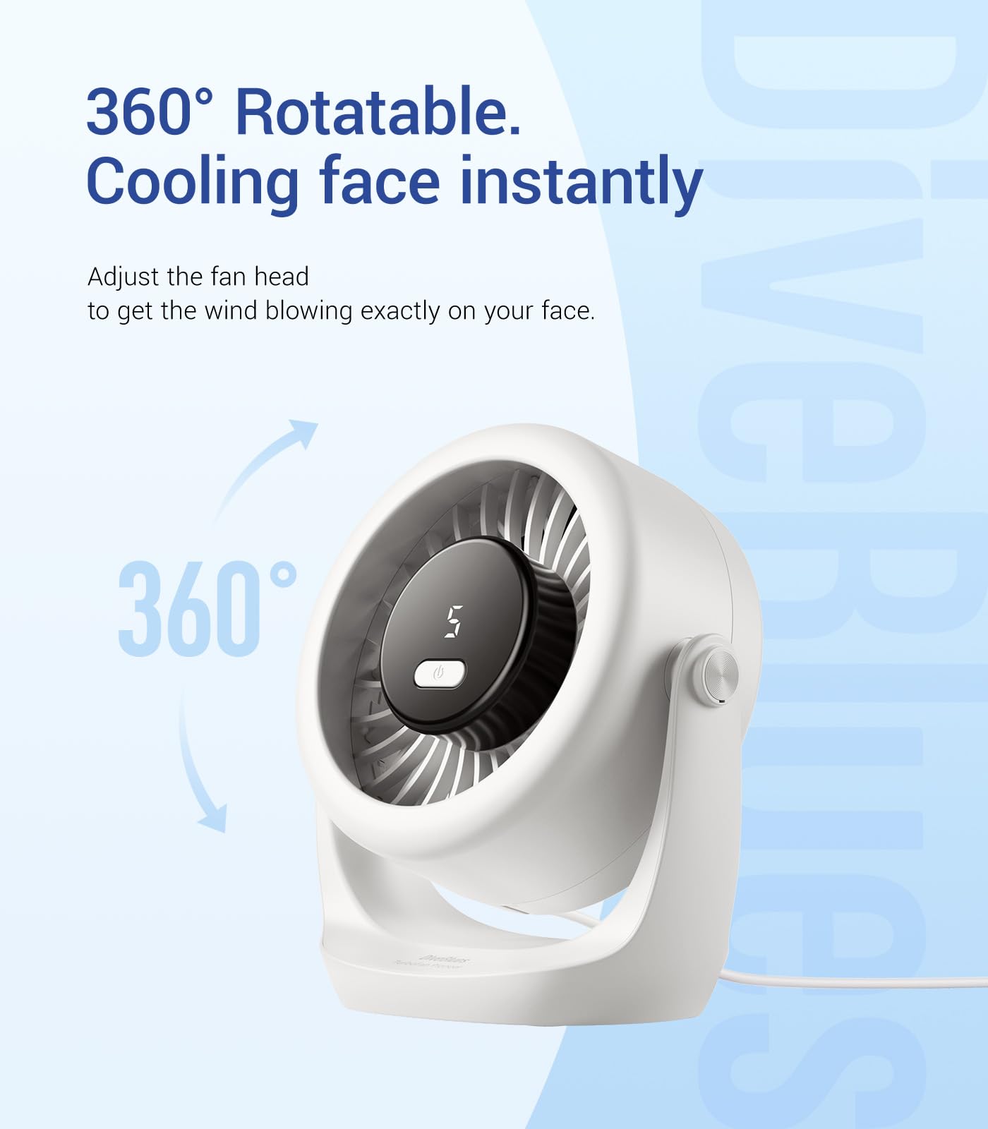 Diveblues USB Desk Turbo Fan, Ultra-Quiet Mini Desk Fan, Powerful Wind, LED Display, 5 Speed, 360° Rotating Small Portable Fan for Home, Office and Outdoor Cool Tech Gadgets - TurboBreeze