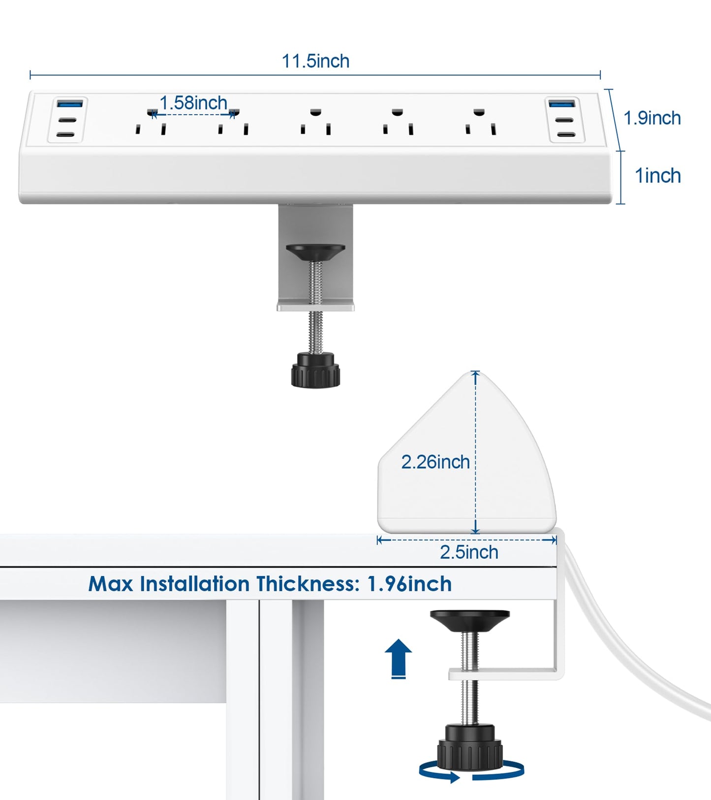 Desk Clamp Power Strip USB C,40W Total Fast Charging Station,4 PD 20W USB C Ports, Nightstand Edge Mount Power Strip with 5 AC Outlets Surge Protector,6ft Cord,Fit 1.96" Tabletop Edge