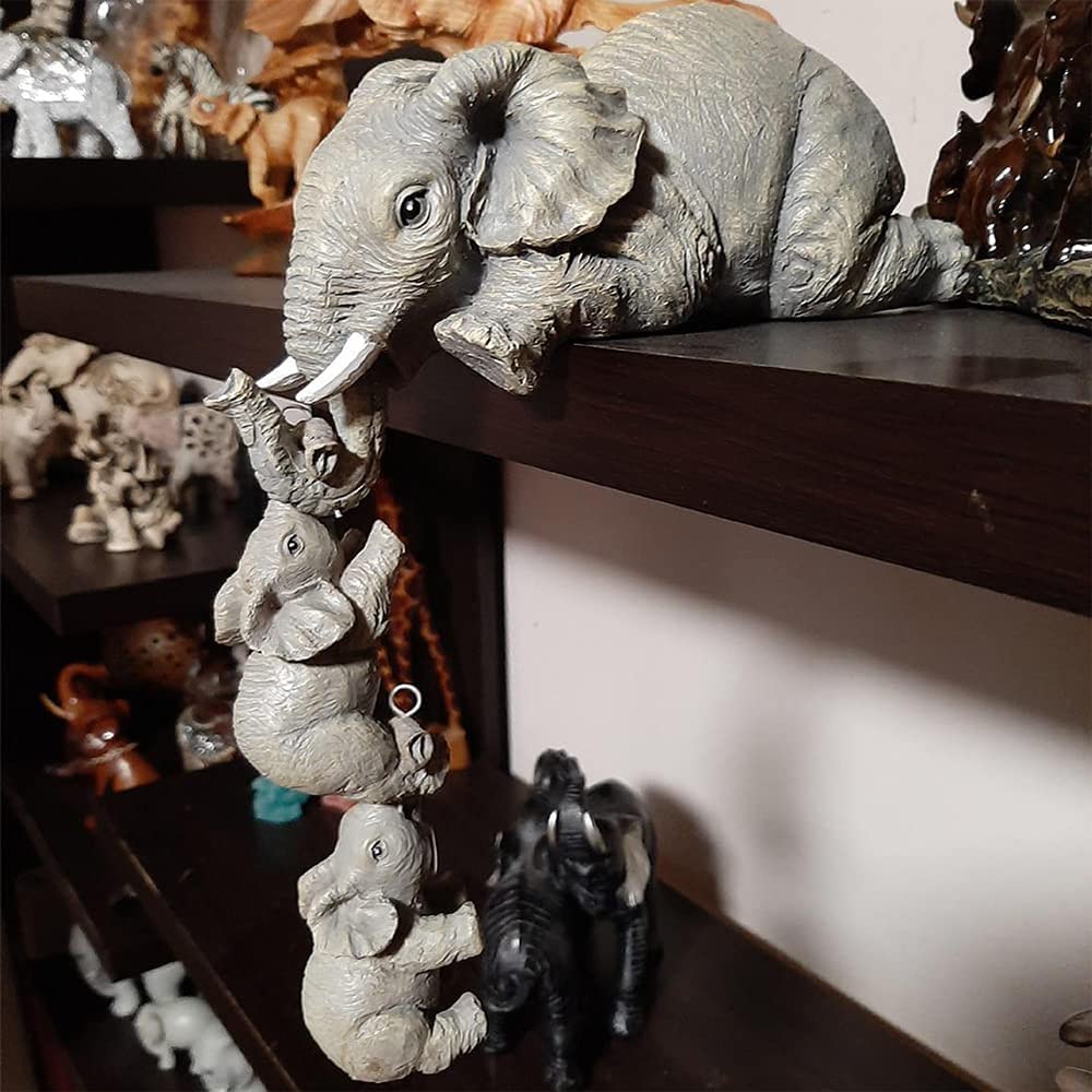 LSLANSOON 3 Set Elephant Shelf Sitter, Mother Elephant Hanging 2 Baby Elephants on The Edge, Hand-Painted Resin Collectable Figurines for Home Decor Gift