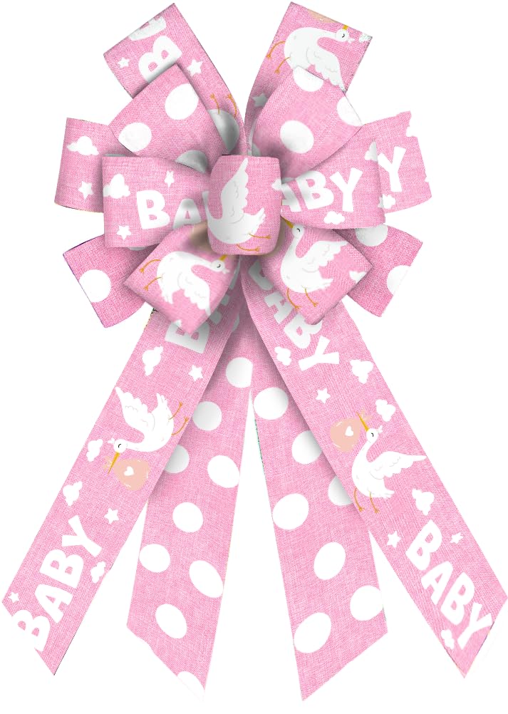 Threetols Baby Shower Wreath Bows, Pink Dot Bows for Wreath Baby Pink Decorative Bows for Front Welcome Home Shower Ornaments Hanging Wreath Bow for Indoor Outdoor Decor