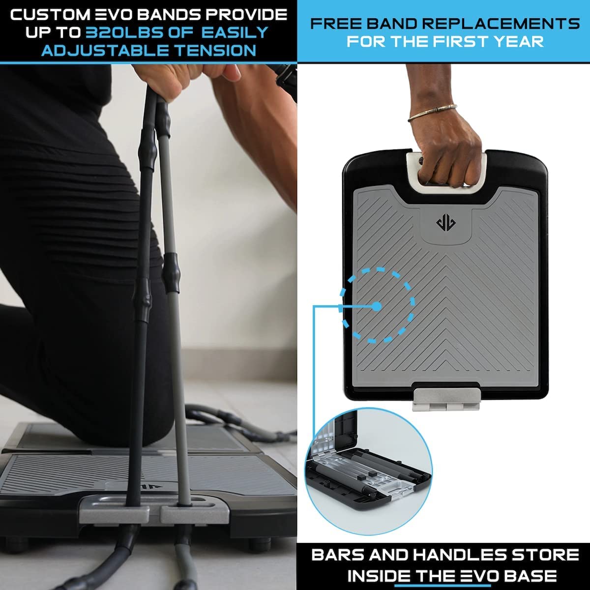 EVO Gym - Portable Home Gym Strength Training Equipment, at Home Gym | All in One Gym - 8 Resistance Bands, Base Holds Gym Bar & Handles for Travel | Portable Gym & Home Exercise Equipment | 220LBS