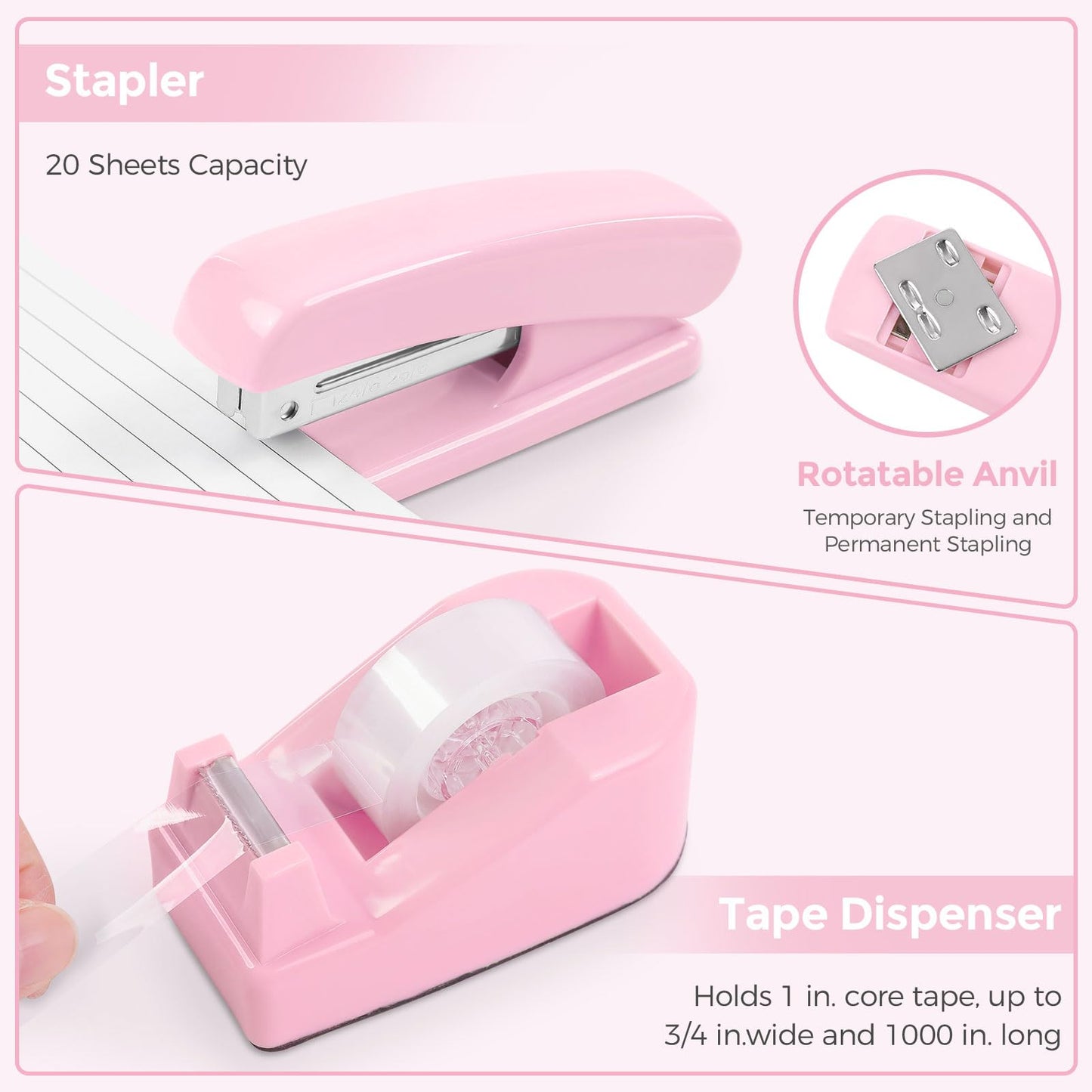 SKYDUE Pink Desk Accessories, Pink Office Supplies Set, Mesh Desk Organizer, Stapler, Tape Dispenser, Scissors, Binder/Paper Clips and 1000pcs Staples,Pink Desk Organizer for Women