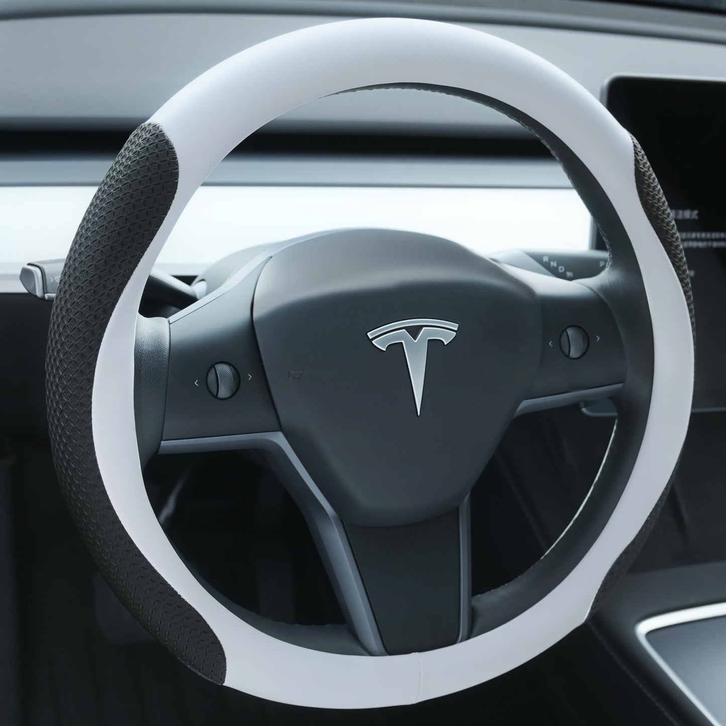 Uxcer Nappa Leather Steering Wheel Cover for Tesla Model 3/Y 2016-2025, Non-Slip Breathable Tesla Model 3/Y Steering Wheel Protector, White