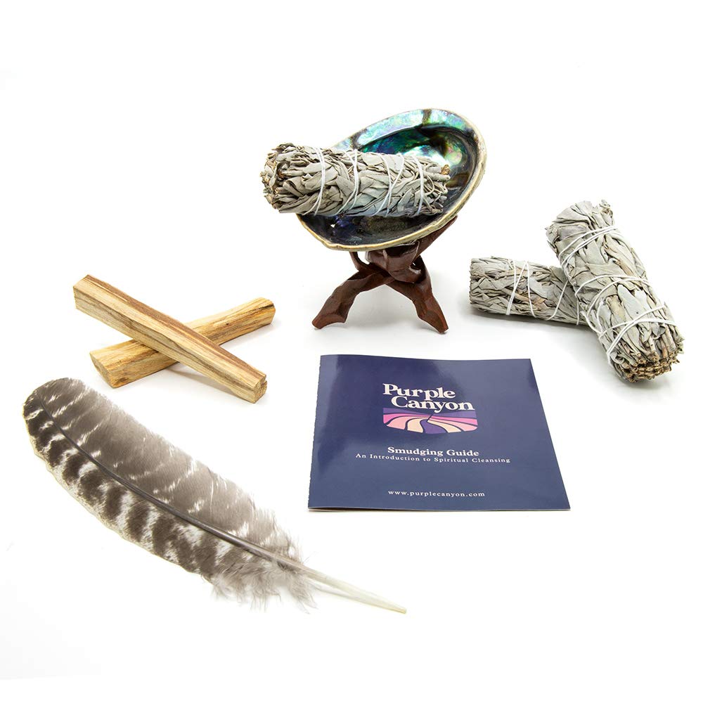 Purple Canyon Smudge Kit (Beginner's Gift Set) - 3 White Sage Smudge Sticks, 2 Palo Santo, Abalone Shell, Smudge Feather w/Stand + Smudging Guide for Home Cleansing & Healing Meditation Rituals