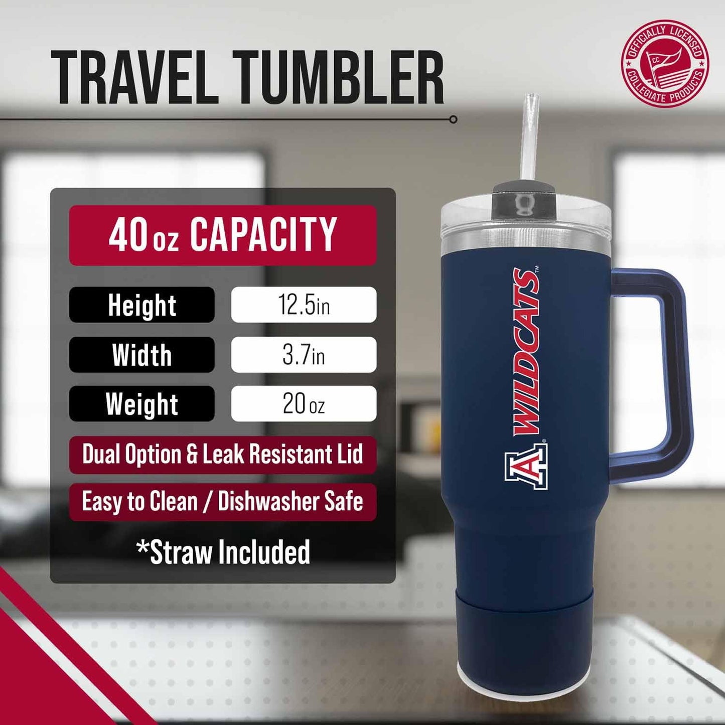 Campus Colors College & University 40 oz Travel Tumbler With Handle - Dual Option Lid With Straw - Vacuum Insulated Stainless Steel (Georgia Tech Yellowjackets - Navy)
