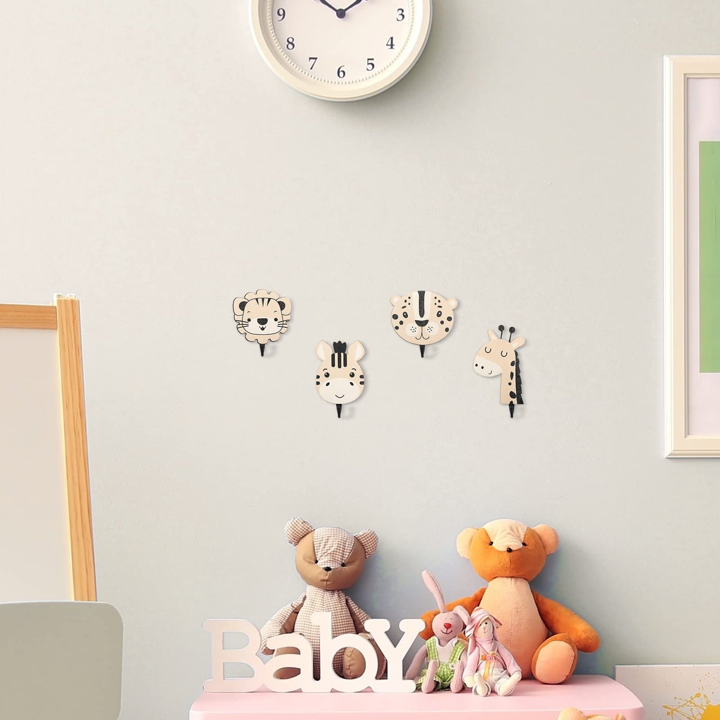 Qunclay 4 Pcs Decorative Wall Hooks Kids Wooden Baby Nursery Hooks Cute Safari Animal Construction Vehicle Towel Hanger for Childs Nursery Bathroom Bedroom Home Decor(Safari Animal)