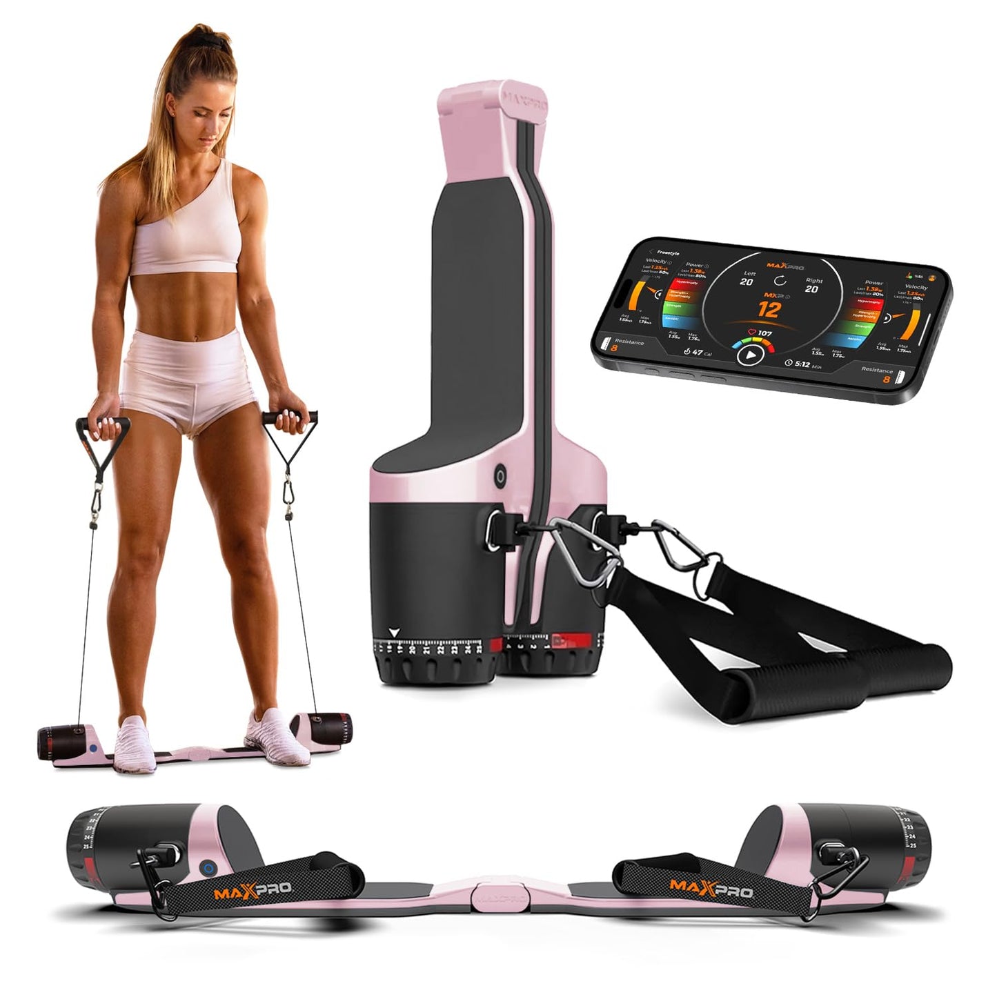 MAXPRO: Portable Smart Cable Gym | As Seen on Shark Tank | All-in-One Portable Workout Machine with Bluetooth & Free APP | Cardio, Strength, Stretching | 5-300lbs Resistance | Power Me Pink