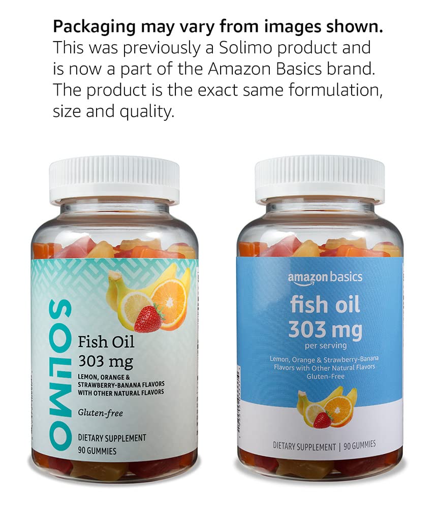 Amazon Basics Fish Oil 303 mg, Lemon, Orange & Strawberry-Banana flavors, 90 Gummies (2 per Serving), EPA and DHA Omega-3 fatty acids (Previously Solimo)