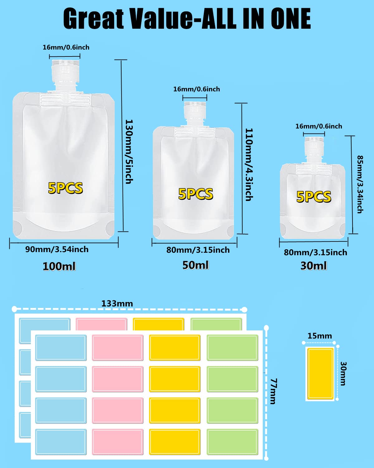 SEQUHITKU 17 Pack Travel Pouches for Toiletries,TSA Approved,Travel Size Portable Containers,Stand Up Pouch,Refillable Travel Accessories for Shampoo Conditioner Lotion Soap Liquids (B-17pcs)
