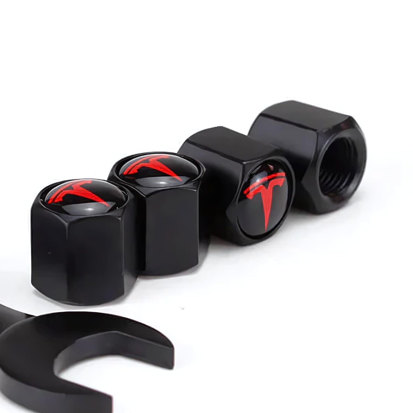 TACTILIAN Red Tire Valve Stem Caps for Tesla Model 3, S, X, Y | Leakproof Aluminum Tire Valve Caps with Rubber O-Rings Compatible with Tesla Car Accessories | Tire Valve Stem Covers Tire Caps 4 Pack