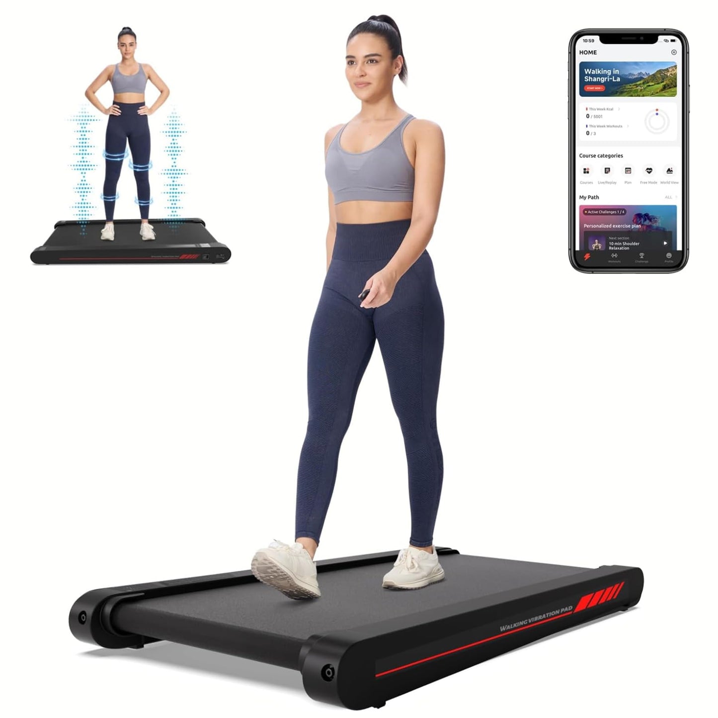 Walking Pad Treadmill with APP, 3 in 1 Under Desk Treadmill, 2.5HP Low Noise Walking Vibration Pad with Remote Control,Portable Treadmills for Home Office, Red