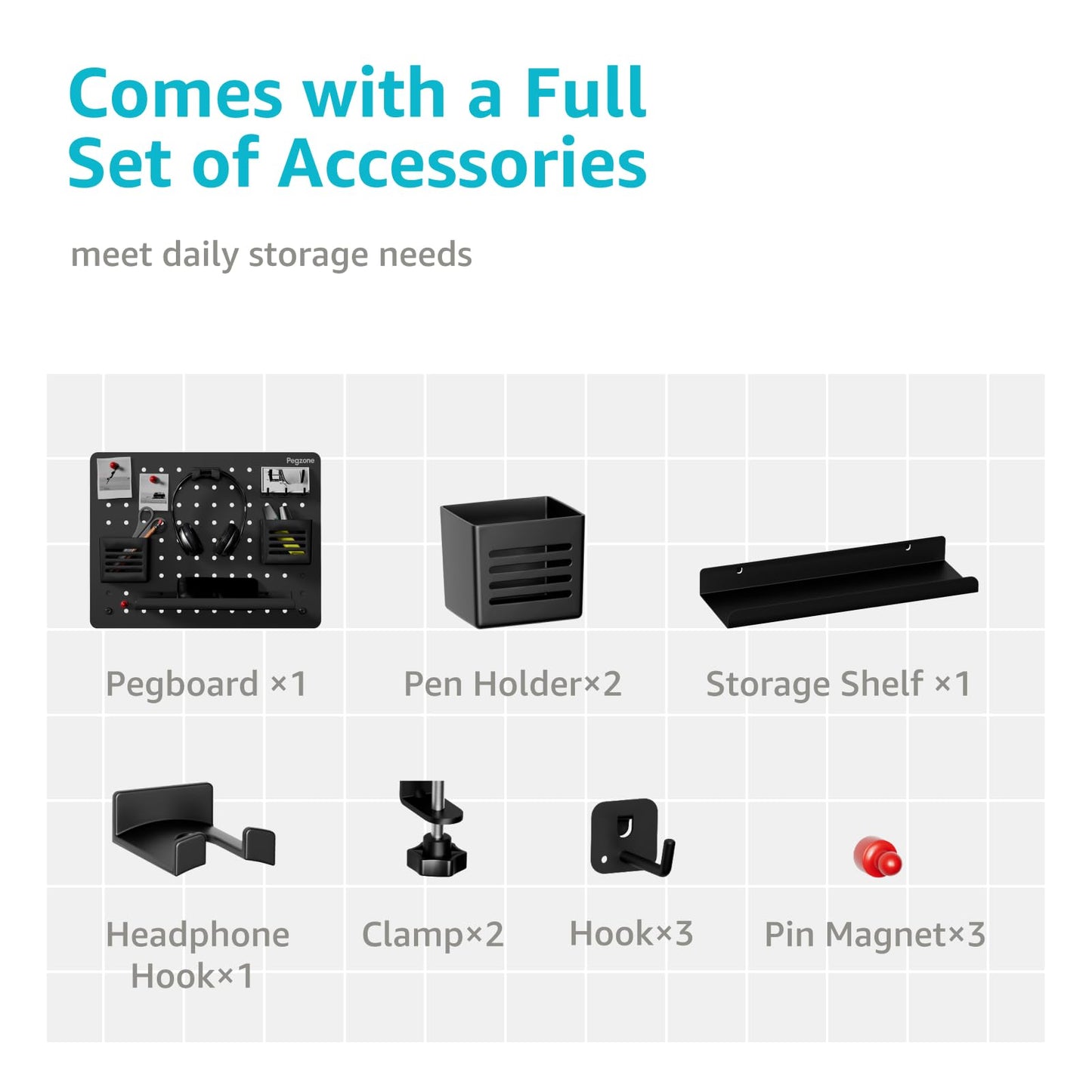 PEGZONE Clamp-on Desk Pegboard, Desk Organizer for Office Gaming Home, Magnetic Metal Peg Board with 10 Accessories, Privacy Panel for Office, 16.5" x 12.6", Medium, Black