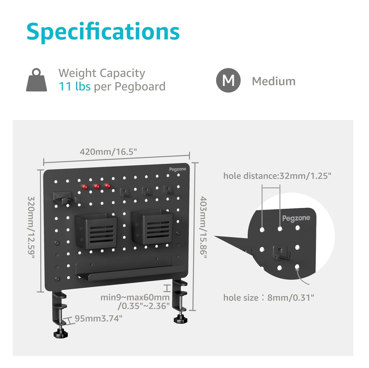 PEGZONE Clamp-on Desk Pegboard, Desk Organizer for Office Gaming Home, Magnetic Metal Peg Board with 10 Accessories, Privacy Panel for Office, 16.5" x 12.6", Medium, Black