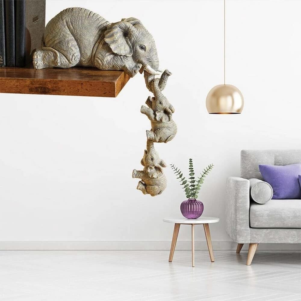 LSLANSOON 3 Set Elephant Shelf Sitter, Mother Elephant Hanging 2 Baby Elephants on The Edge, Hand-Painted Resin Collectable Figurines for Home Decor Gift