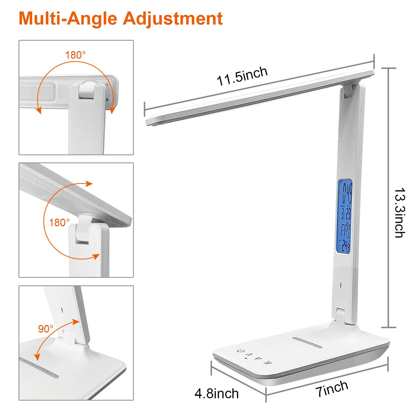 snsok Desk Lamp with Wireless Charger, USB Charging Port, Dimmable Office Desk Light with Clock, Alarm, Date, Temperature, Foldable Lamp for Table Bedroom Bedside Office (White)