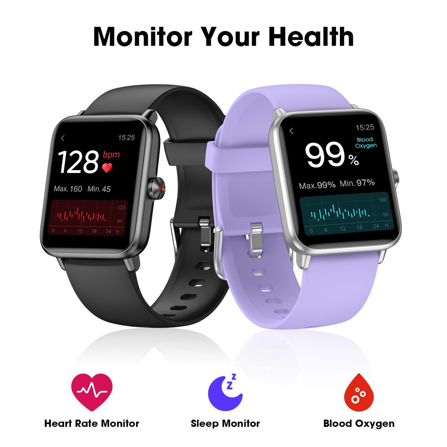 Smart Watch, Fitness Tracker with Heart Rate Monitor, Blood Oxygen, Sleep Tracking, 1.5 Inch Touchscreen Smartwatch for Android iOS Swimming Waterproof Pedometer Step Calories Tracker for Women Men
