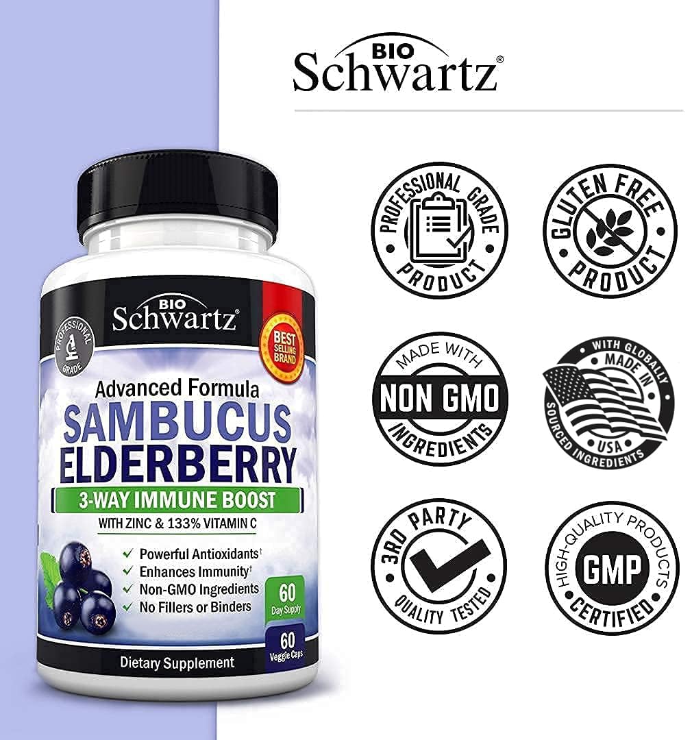 Elderberry with Zinc and Vitamin C for Adults - Immune Support Vitamins for Women and Men Natural Elderberries Black Sambucus Capsules - Immune Defense Multiminerals Supplement, Gluten-Free, 60 Ct