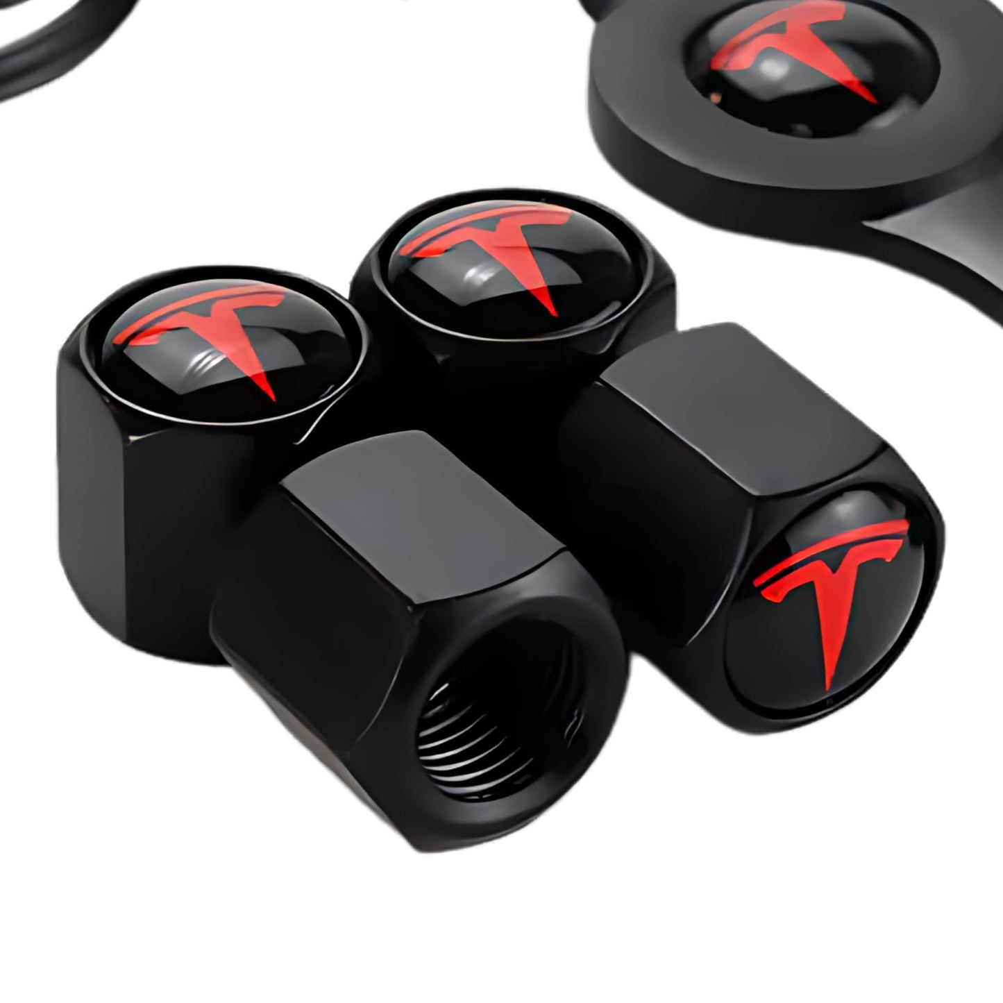 TACTILIAN Red Tire Valve Stem Caps for Tesla Model 3, S, X, Y | Leakproof Aluminum Tire Valve Caps with Rubber O-Rings Compatible with Tesla Car Accessories | Tire Valve Stem Covers Tire Caps 4 Pack