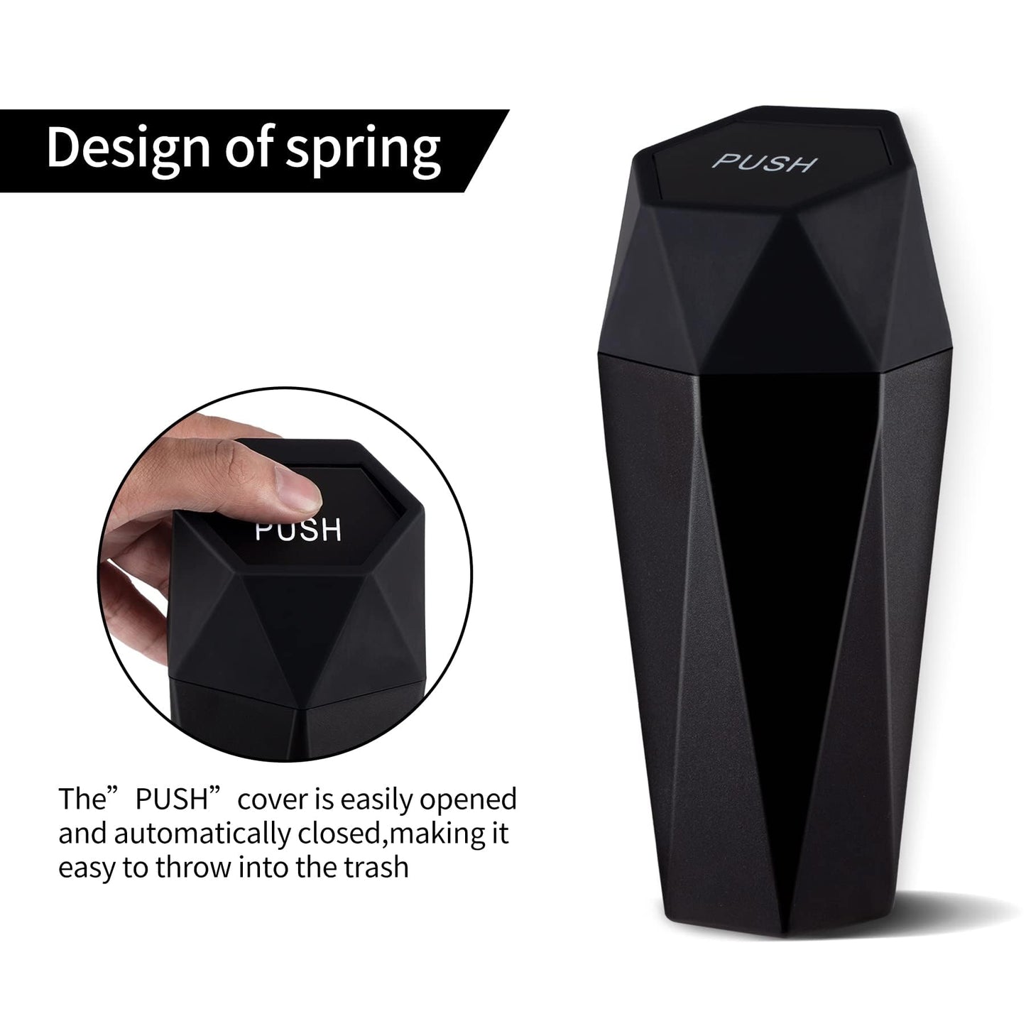 JUSTTOP Car Trash Can with Lid, Diamond Design Small Automatic Portable Trash Can, Easy to Clean, Used in Car Home Office Interior Accessories, 2PCS (Black)