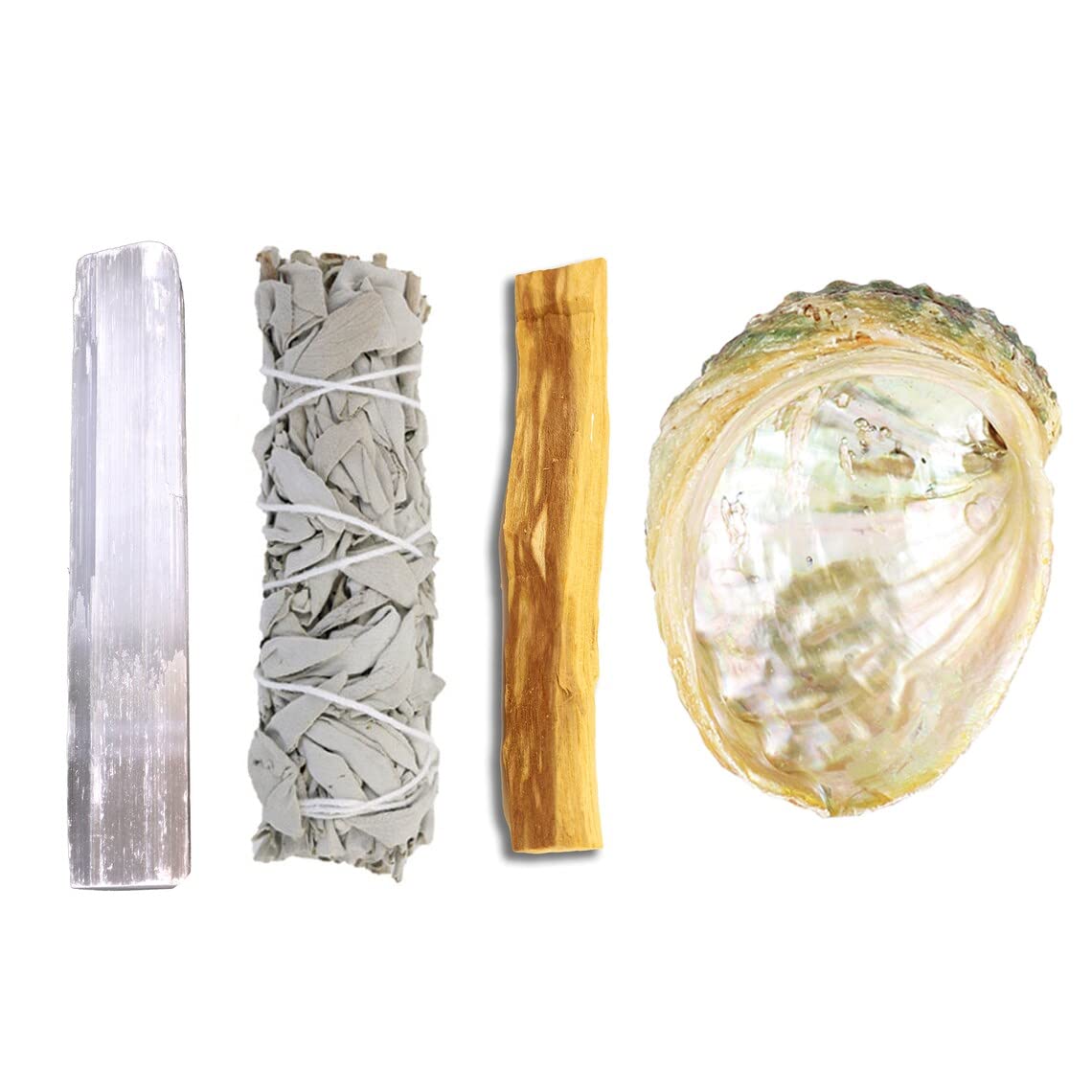 SOUL STICKS Beginners Mini Smudge Kit Includes White Sage 3-4 Abalone Shell Selenite Wand and Palo Santo with Smudging Guide