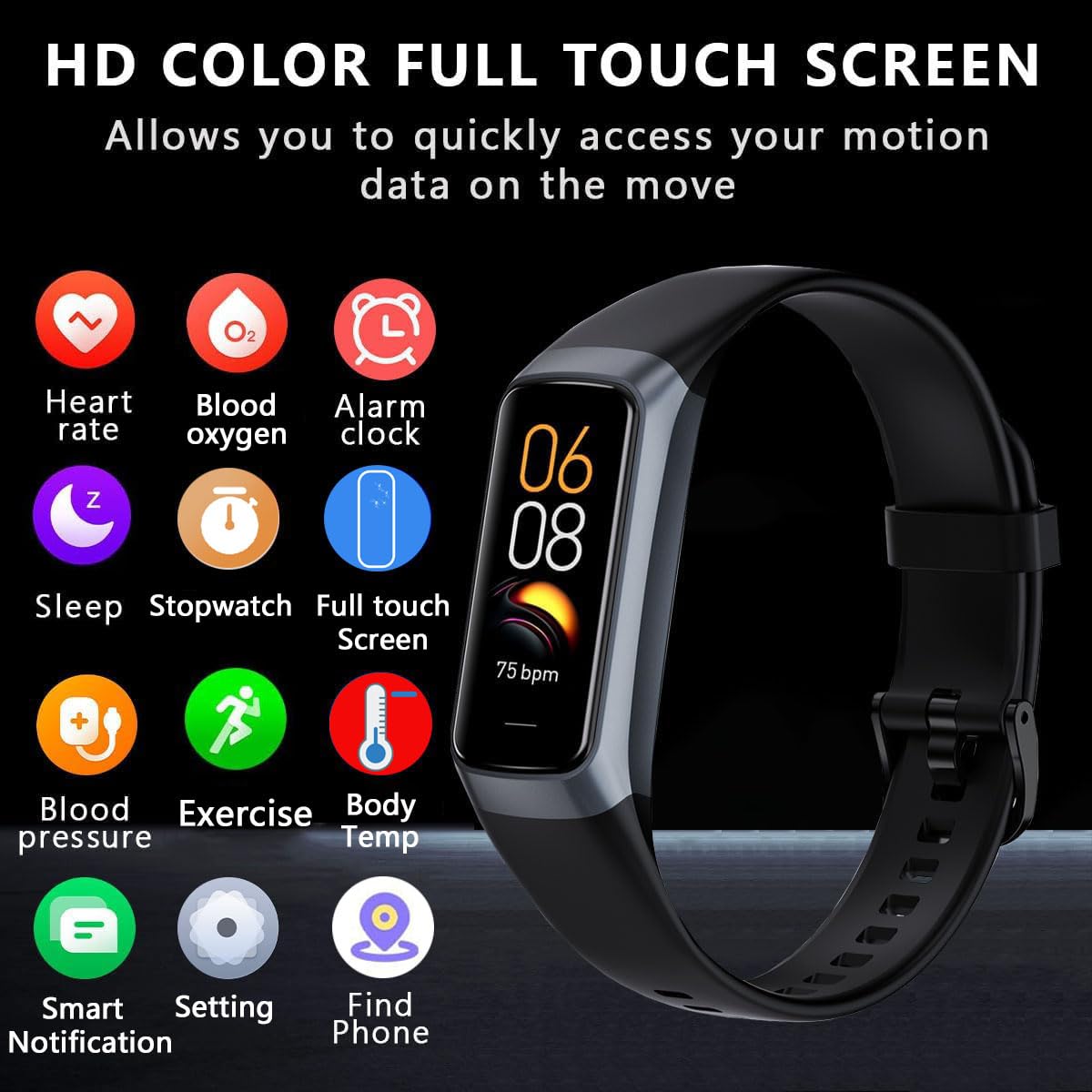 Fitness Tracker with 24/7 Heart Rate Sleep Blood Oxygen Monitor,IP68 Waterproof Smart Watch,1.10''AMOLED Touch Color Screen,Step Counter Health Activity Trackers for Women Men (Dark Black)