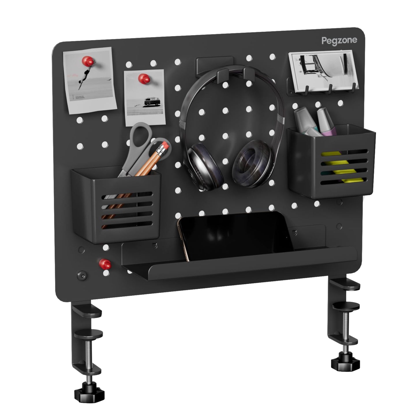 PEGZONE Clamp-on Desk Pegboard, Desk Organizer for Office Gaming Home, Magnetic Metal Peg Board with 10 Accessories, Privacy Panel for Office, 16.5" x 12.6", Medium, Black