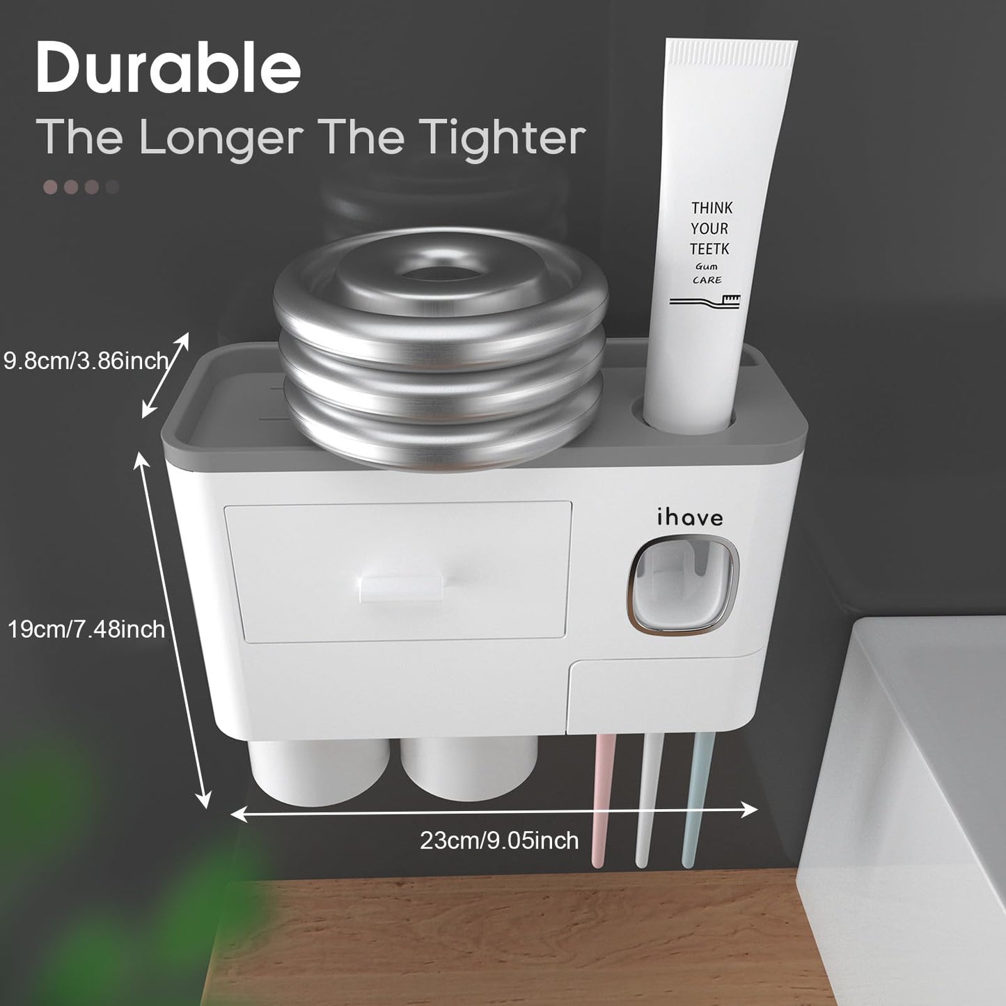 iHave Toothbrush Holders for Bathrooms, 2 Cups Toothbrush Holder Wall Mounted with Toothpaste Dispenser - Large Capacity Tray, Cosmetic Drawer - Bathroom Decor & Bathroom Accessories
