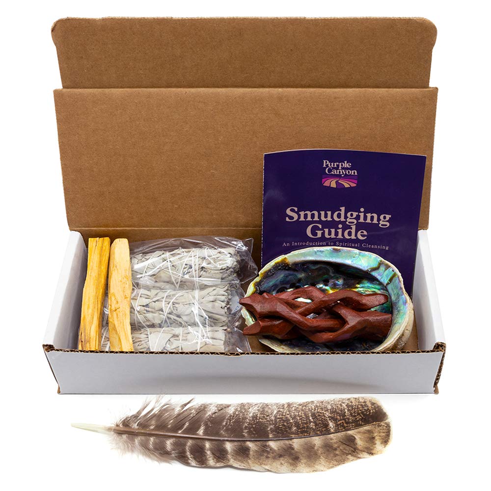 Purple Canyon Smudge Kit (Beginner's Gift Set) - 3 White Sage Smudge Sticks, 2 Palo Santo, Abalone Shell, Smudge Feather w/Stand + Smudging Guide for Home Cleansing & Healing Meditation Rituals