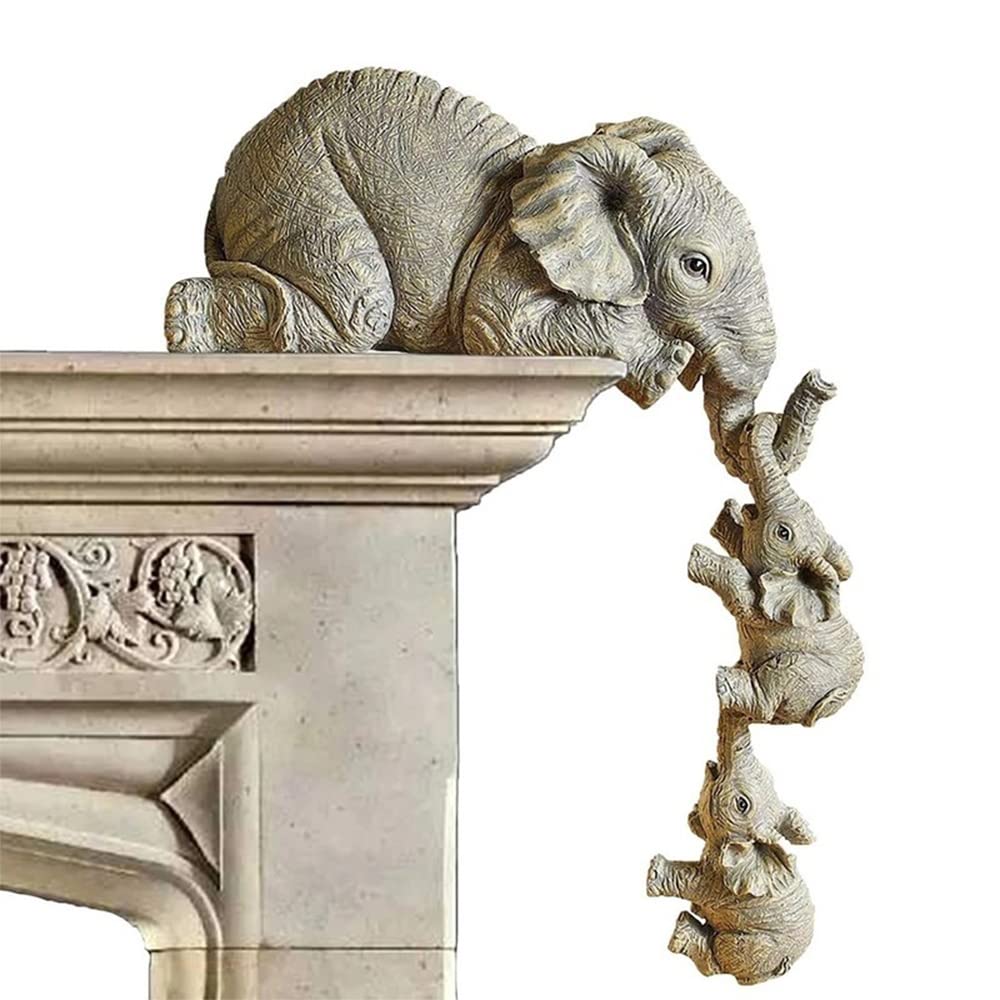 LSLANSOON 3 Set Elephant Shelf Sitter, Mother Elephant Hanging 2 Baby Elephants on The Edge, Hand-Painted Resin Collectable Figurines for Home Decor Gift