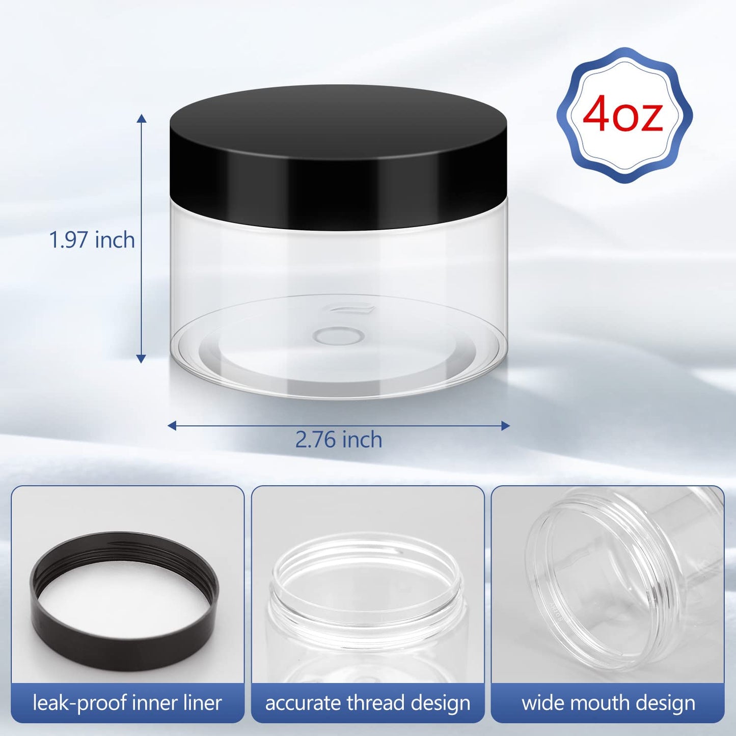 BonyTek Household 4oz Plastic Jars with Lids, 5 Pack BPA Free, Reusable, Refillable Transparent Cosmetic Containers for Bath Salts, Cosmetics, Powders, Beauty Product and Small Accessories