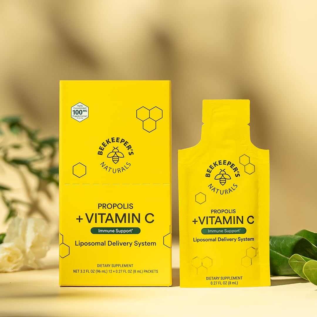 Propolis Liposomal Vitamin C by Beekeeper's Naturals, 1000mg Vitamin C, Propolis & Organic Honey, Supercharged Immune Support & Increased Bioavailibity for Max Absorption, 12 Ct