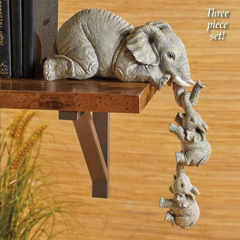LSLANSOON 3 Set Elephant Shelf Sitter, Mother Elephant Hanging 2 Baby Elephants on The Edge, Hand-Painted Resin Collectable Figurines for Home Decor Gift