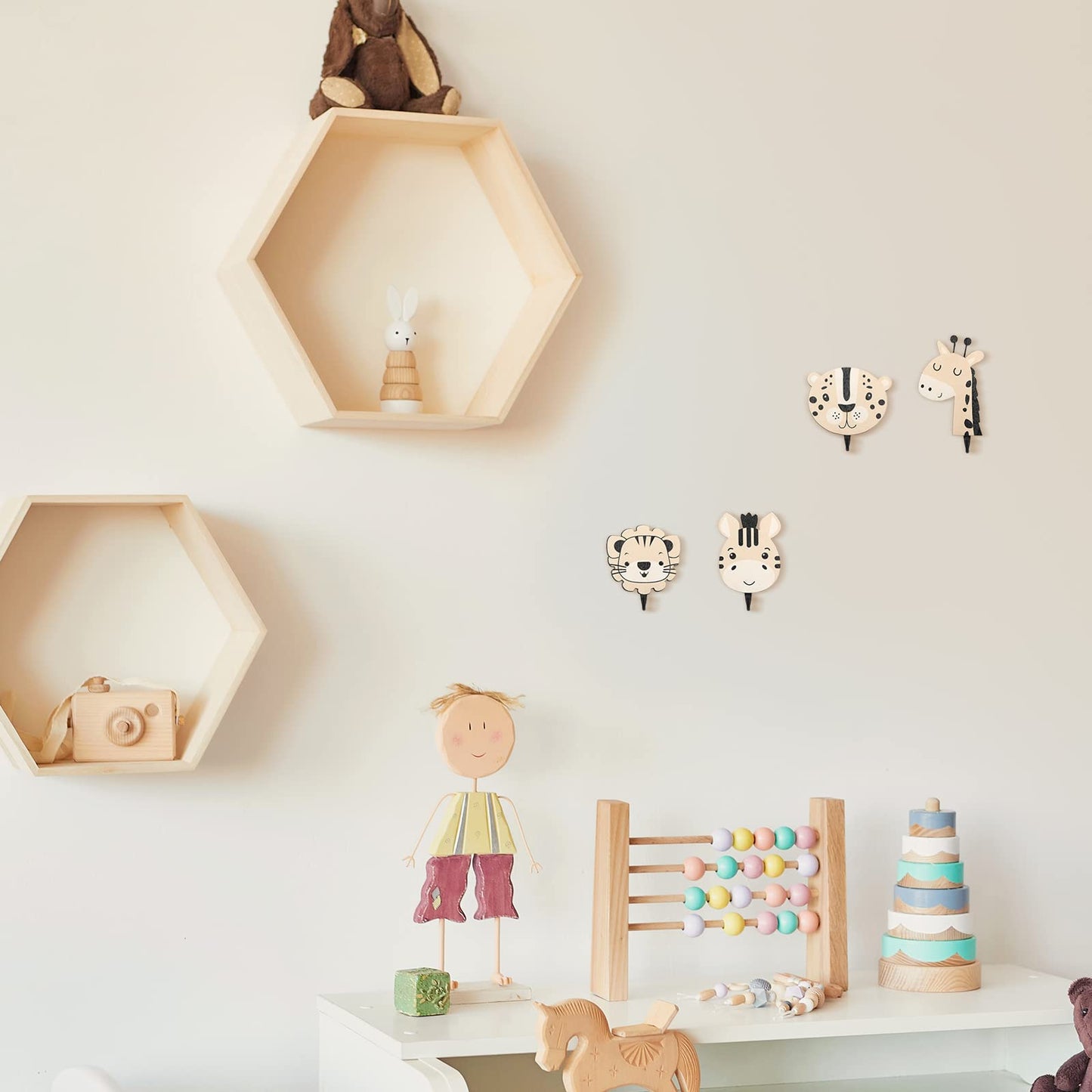Qunclay 4 Pcs Decorative Wall Hooks Kids Wooden Baby Nursery Hooks Cute Safari Animal Construction Vehicle Towel Hanger for Childs Nursery Bathroom Bedroom Home Decor(Safari Animal)