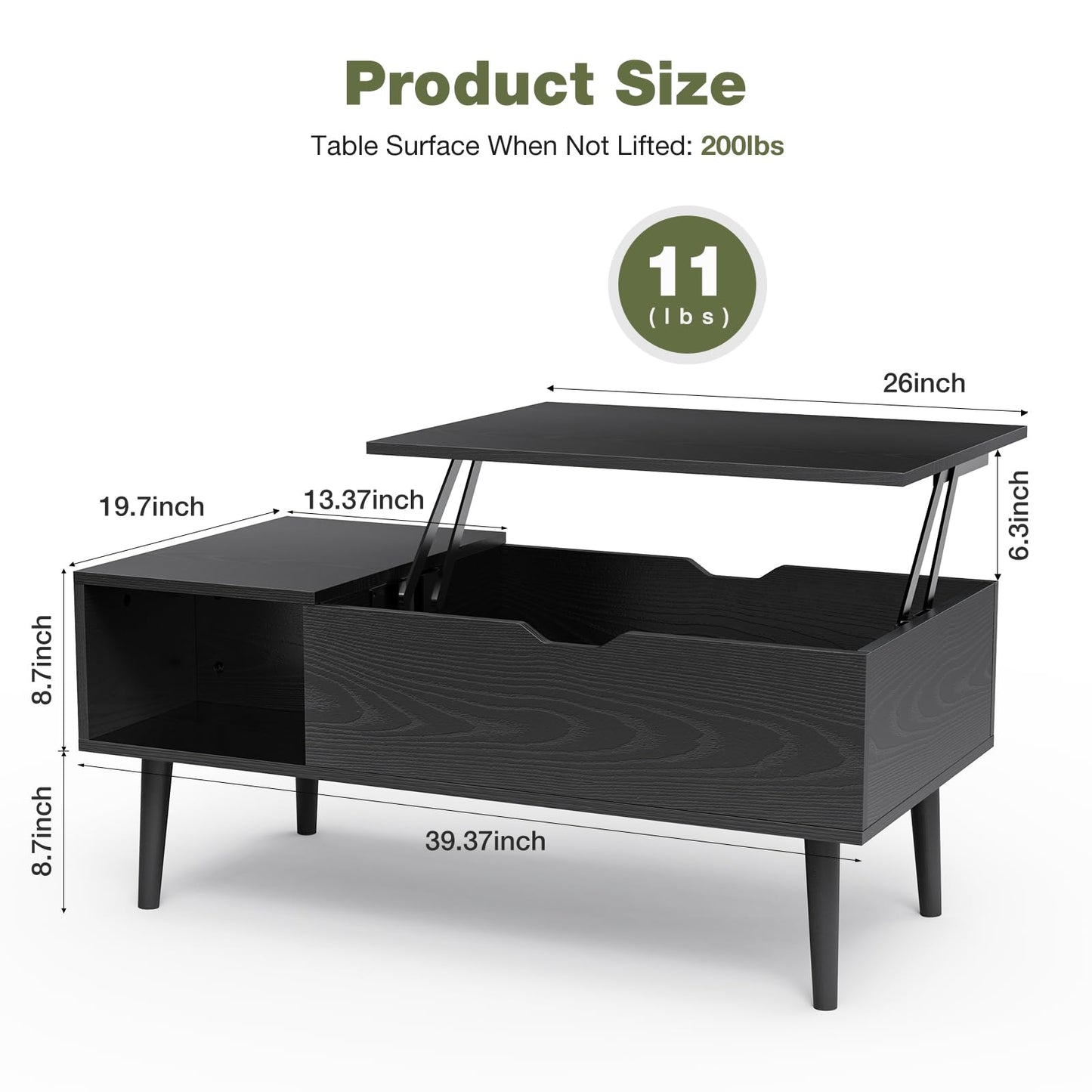 Wood Lift Top Coffee Table with Hidden Compartment and Large Storage Shelf, Lift Tabletop Dining Center Table for Home Living Room Office, Black