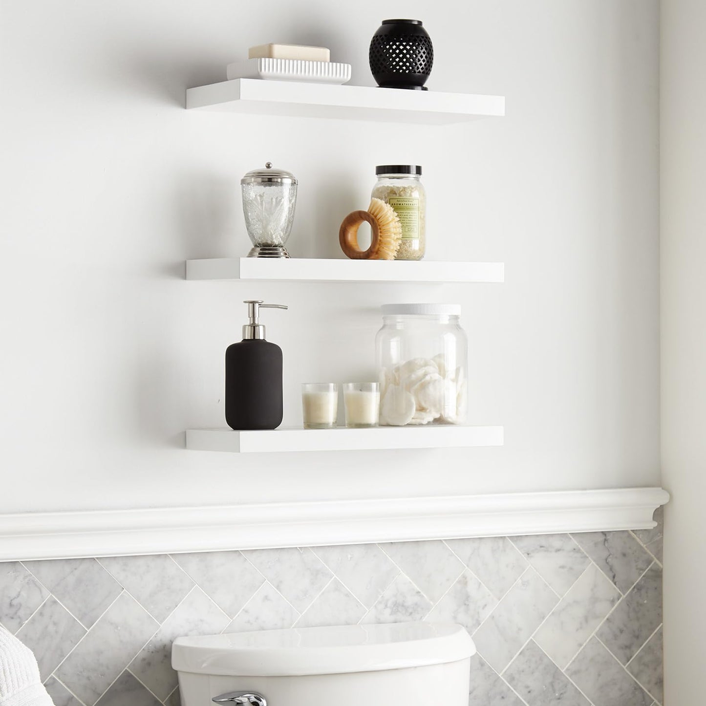 BAYKA Floating Shelves for Wall, Wall Mounted Rustic Wood Shelves for Bathroom, Bedroom, Living Room, Kitchen, Hanging Shelf for Books/Storage/Room Decor with 22lbs Capacity (White, Set of 3, 15.7in)