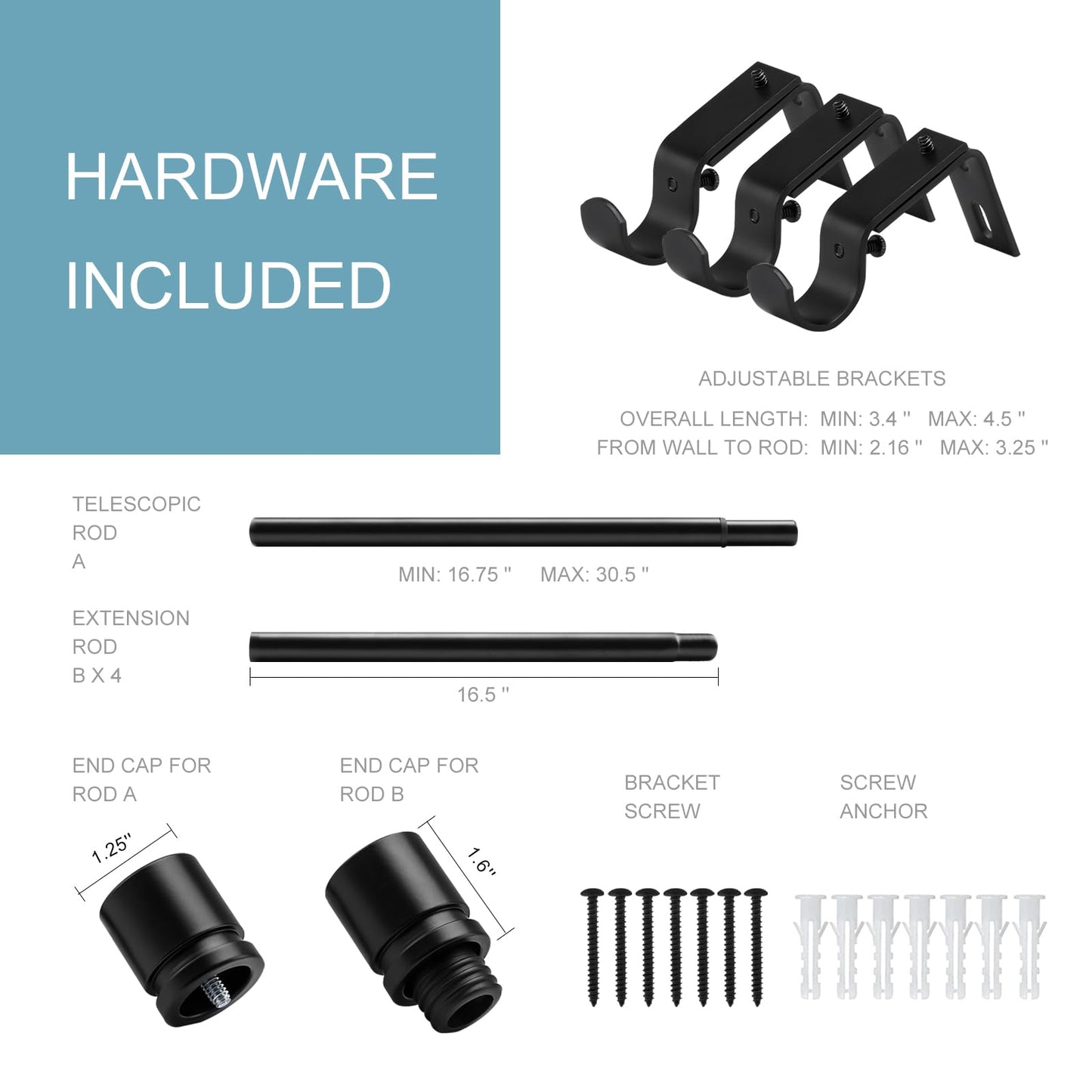 Byondeth Curtain Rods for Windows 16 to 88 Inches Adjustable Length 1 Inch Diameter Window Curtain Rod with Aluminium Finials, Black