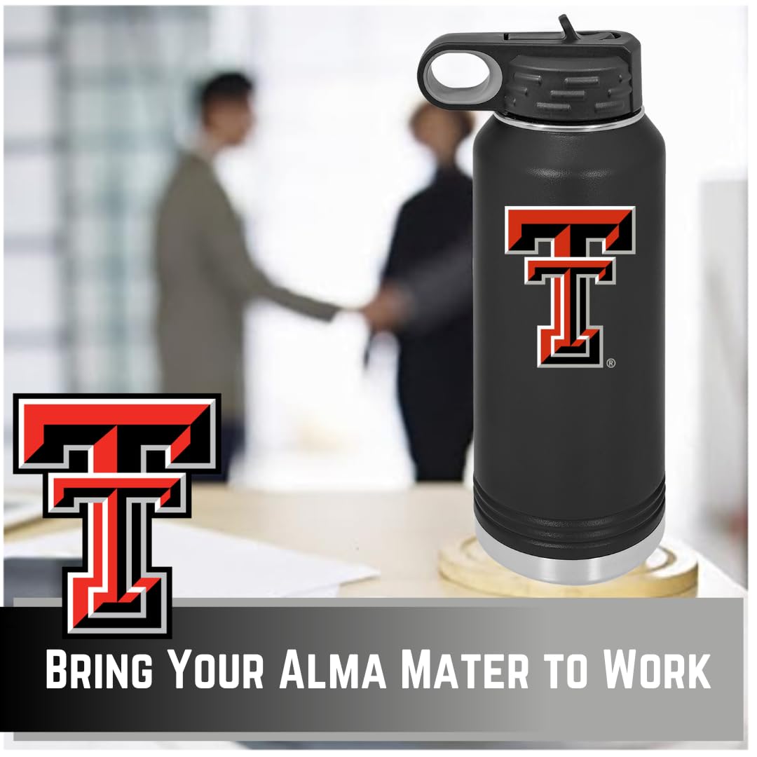 Texas Tech 32oz Stainless Steel Double Walled Black Beverage Bottle with Flip Straw Spout - College Gear for Playoff Season – For Office, Home or Auto – Show your Red Raider Prider