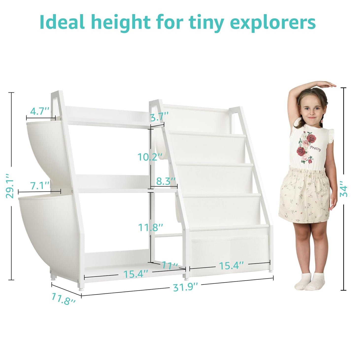 MEUIS Kids Bookshelf and Toy Storage - Toy Organizer with Book Shelf 3 Tier Floor Small Sling Bookcase Bedroom Nursery Kids Room Playroom, White