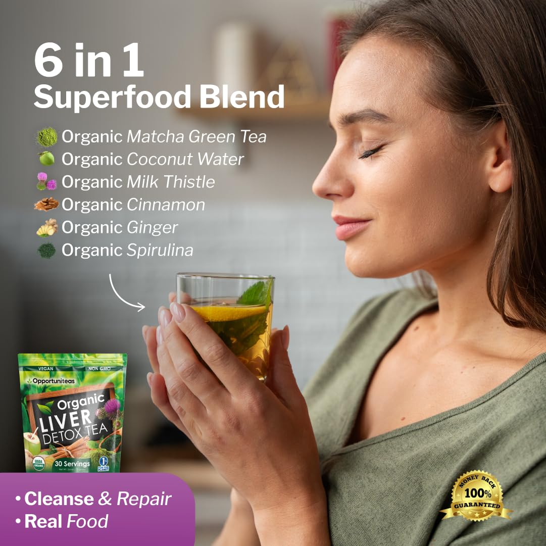 Opportuniteas Organic Liver Detox Tea Powder - Matcha Green Tea, Milk Thistle, Coconut Water, Spirulina, Ginger, & Cinnamon - Boost Energy, Feel Better - Liver Care Support Supplement, Vegan, Non GMO
