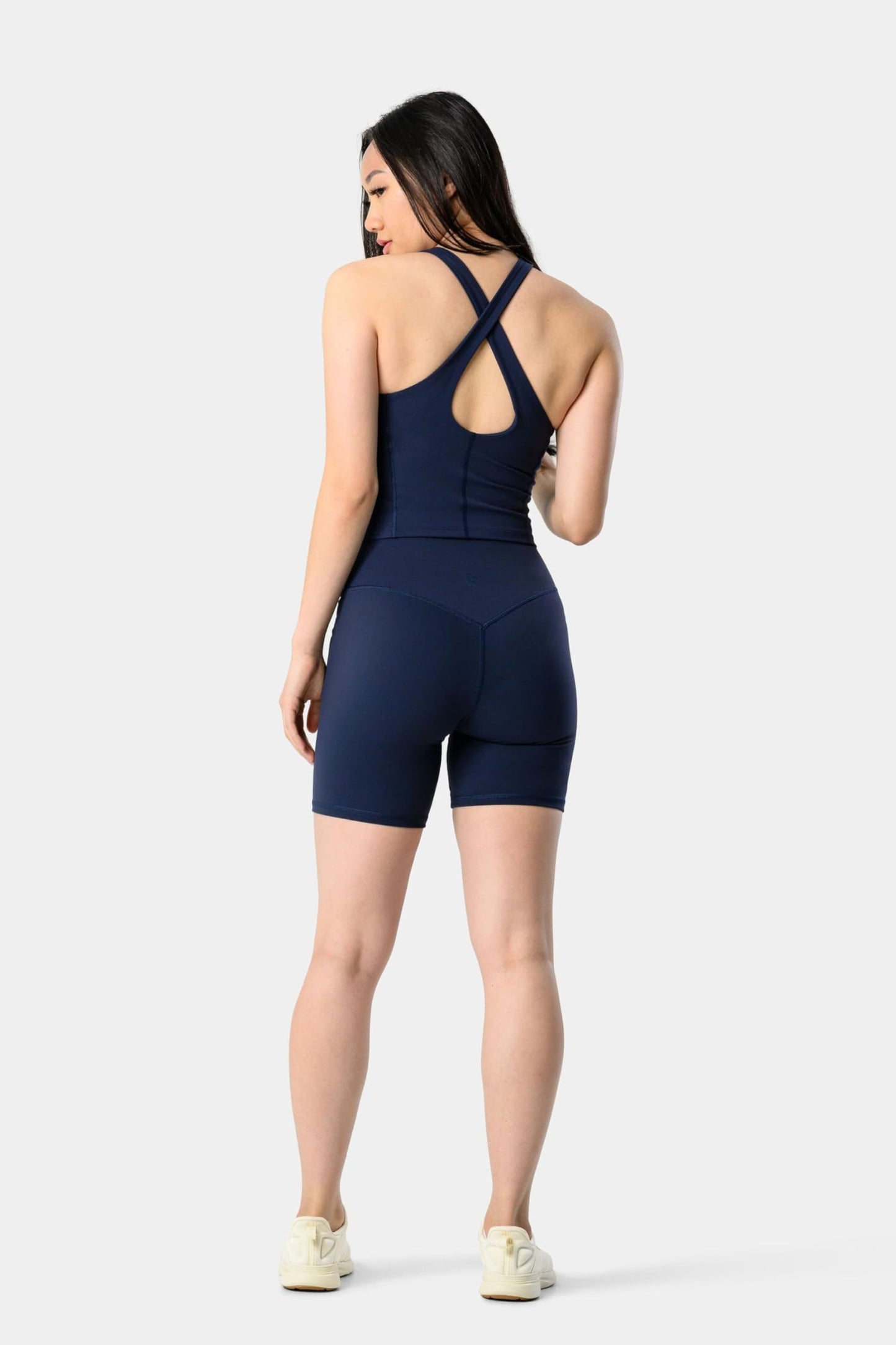 Kamo Fitness Serenity Shorts High Waisted 6" Inseam No Front Seam Thigh Friendly V Booty Seam Women's Biker Shorts (Inkwell, S)